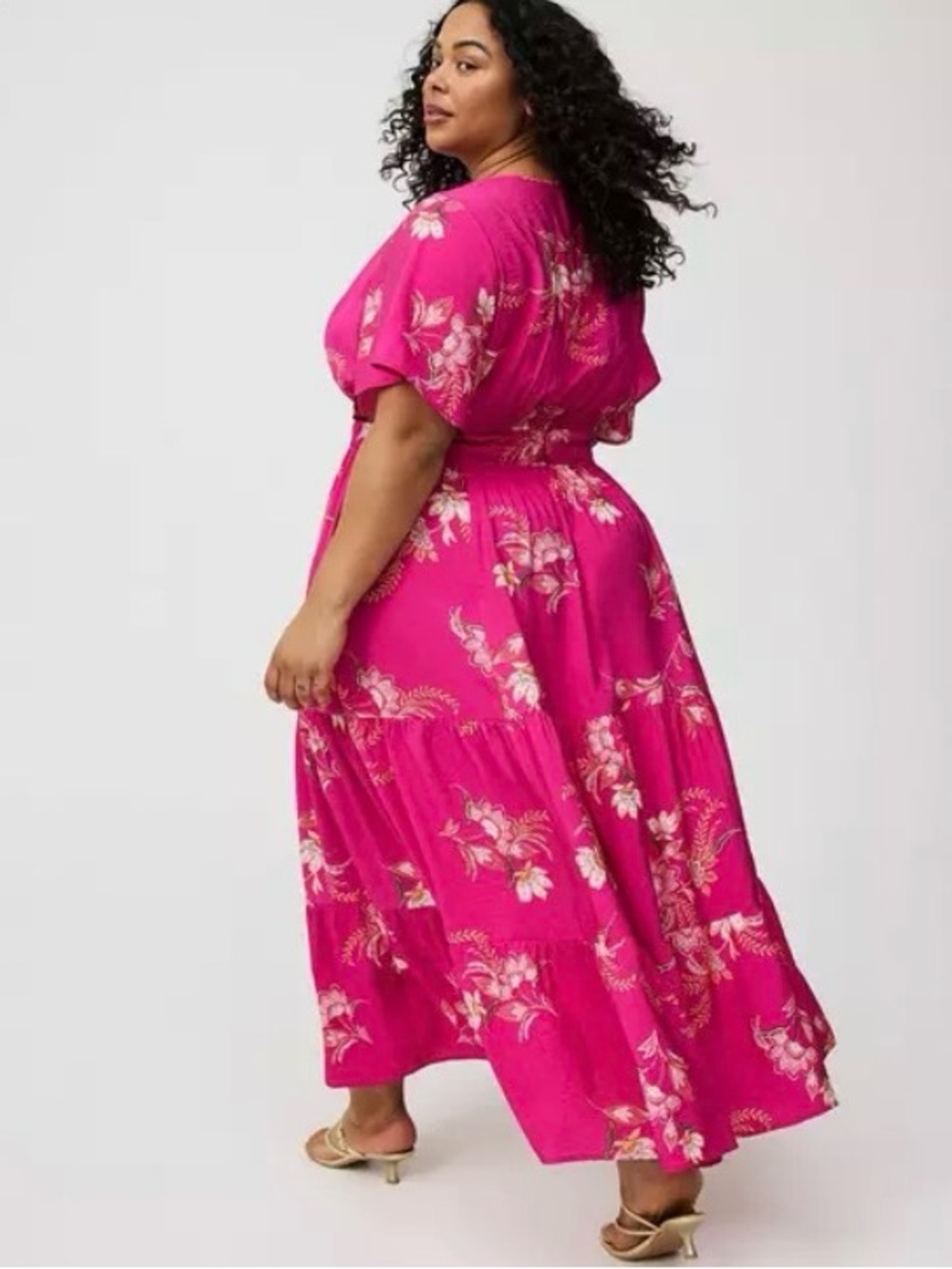 NWOT Torrid Hot Pink Floral Y-Neck Tiered Maxi Dress - Picture 3 of 6